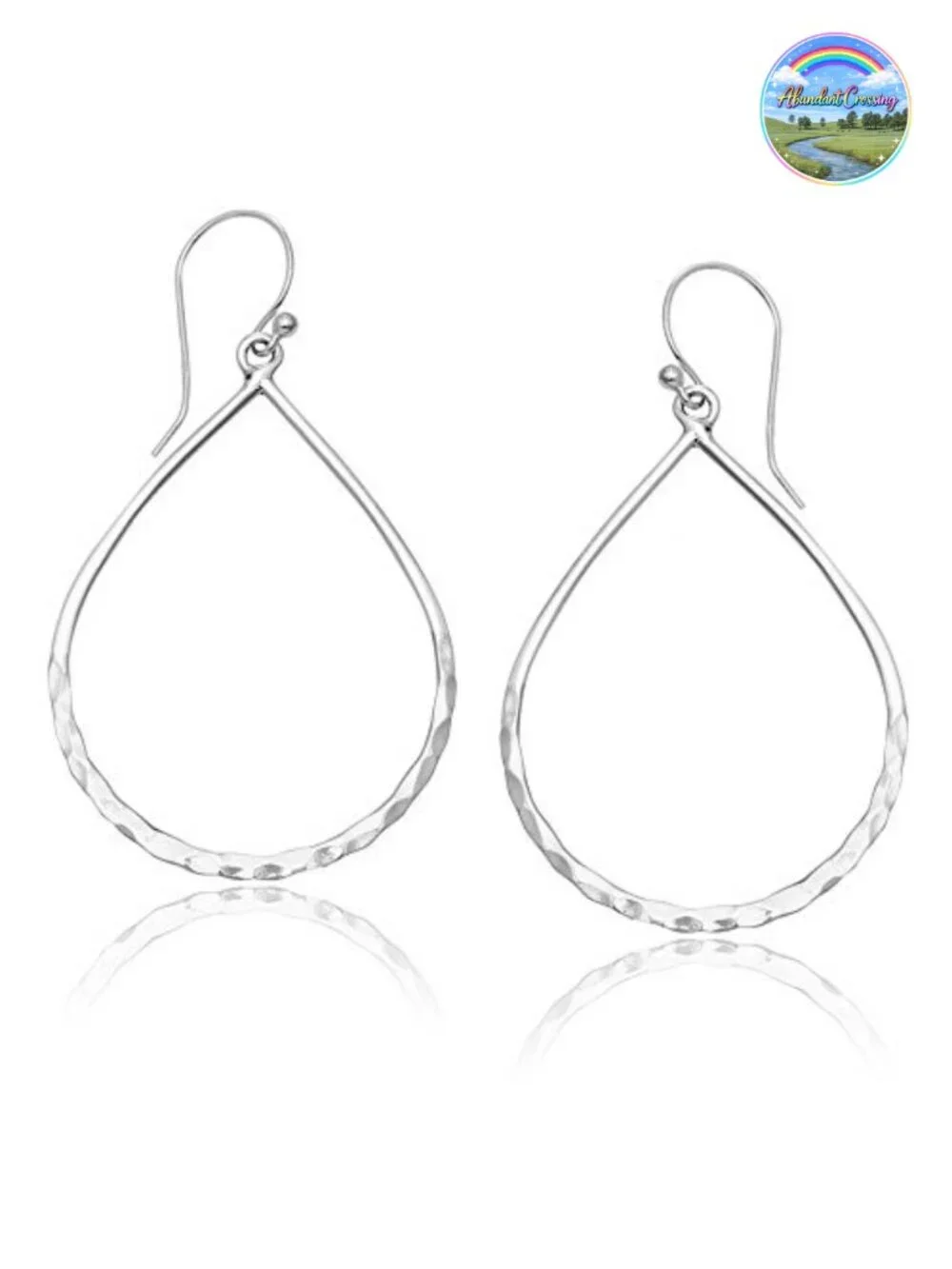 Solid 925 Sterling Silver Hammered Open Teardrop Hoop Earrings